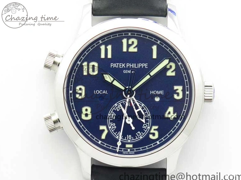 MIROTIME 0418 Practical Calatrava 5524 Pilot Travel Time SS GRF Blue Dial on Black Leather Strap A324 V 7107